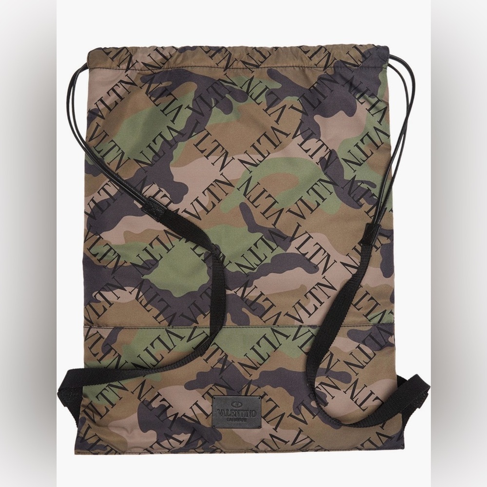 Valentino Logo Camo Print Drawstring Backpack (Green Wood/Ivory/Nero) - Picture 1 of 7